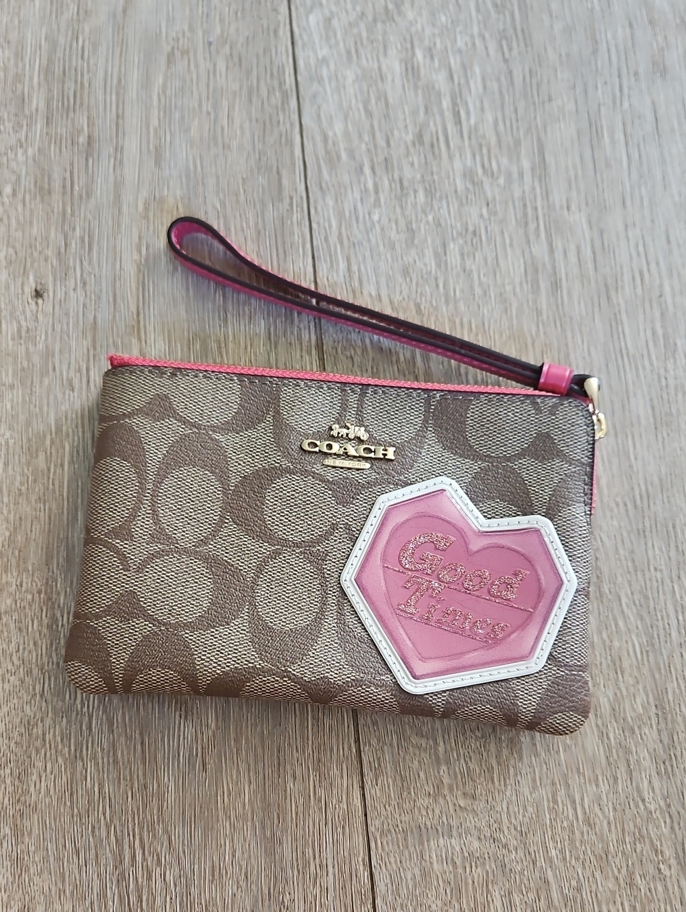 Coach Brown Signature Canvas Wristlet with Pink Patch and Trim